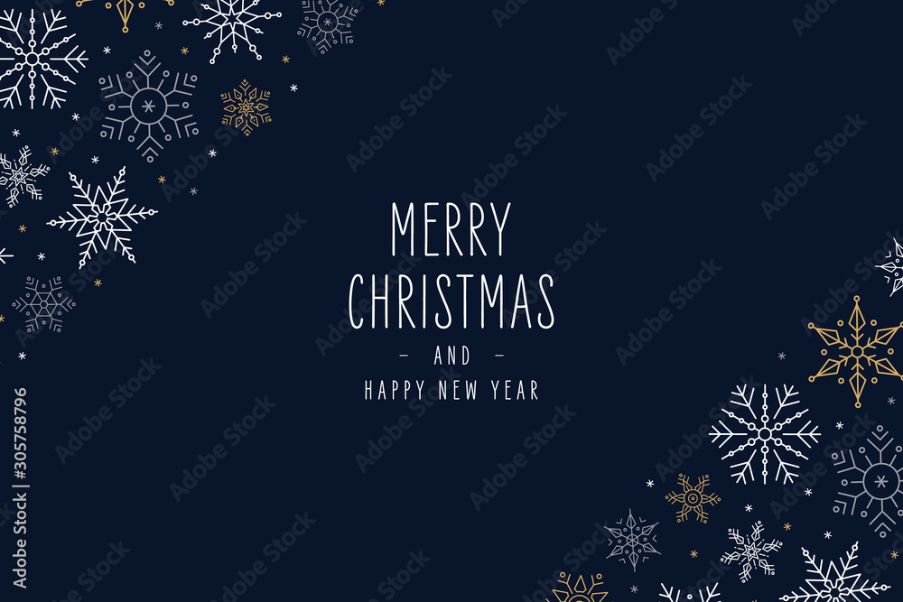 Christmas snowflakes elements ornaments greeting card on blue background