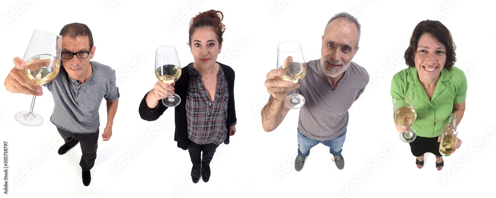 people with a coup of white wine on white background