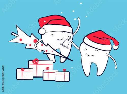 Teeth in a Santa hat with a bell and a Christmas tree. Cute cartoon winter holiday design element. Merry christmas and Happy New Year.