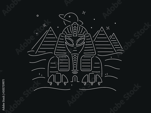 White on black background Alien Sphinx with pyramids vector design
