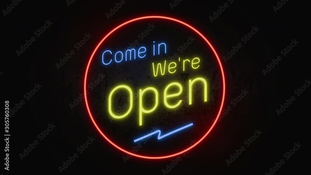 Come in we ’re Open 4k .Neon sign banner background. Stock Video