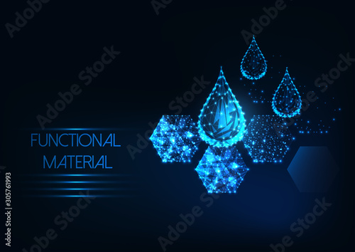 Futuristic functional material concept with glowing low polygonal water drops and hexagonal material photo