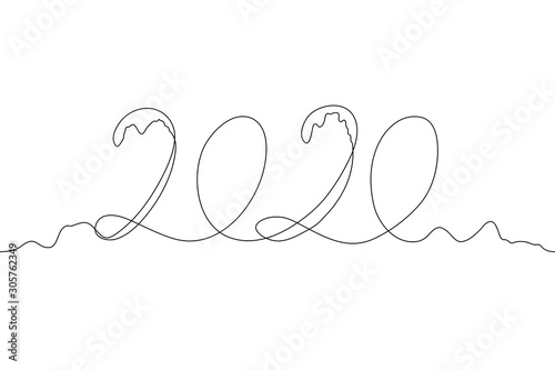 Continuous one line drawing 2020 in winter snowdrifts. Linear vector simple drawing depicting the year of the rat carried by a snowdrift. Anniversary date, can be used for animation.
