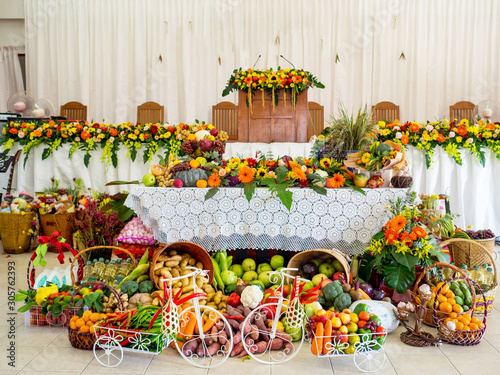Many Vegetables, fruits and flowers are Decorated for Happy Thanksgiving Day