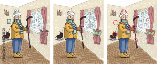 Cartoon hockey player. Cute kid in the room with hockey stick. Winter sport illustration for children. Cute colored illustration for book for finding 10 differences. 10 differences game with answers.