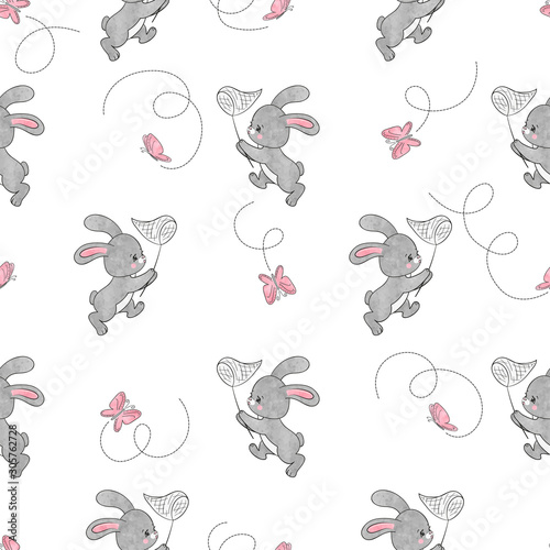 Cute cartoon bunny and butterflies seamless vector pattern. Baby print.