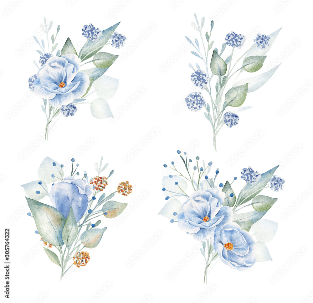 Blue and red flowers hand drawn aquarelle illustrations set