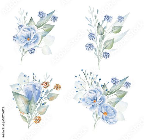 Obraz na płótnie Blue and red flowers hand drawn aquarelle illustrations set w salonie