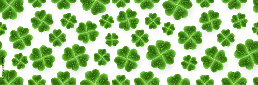 Vector San Patrick s Day pattern of 3D Clover leaves. Green Shamrock grass wallpaper. Joy flower for Irish beer festival
