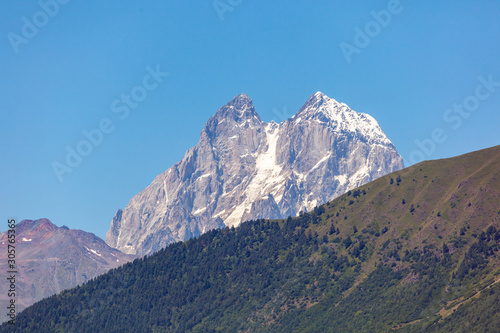 View of Mount Ushba. Ushba is one of the most notable peaks of the Caucasus range, located in the Svaneti region of Georgia.