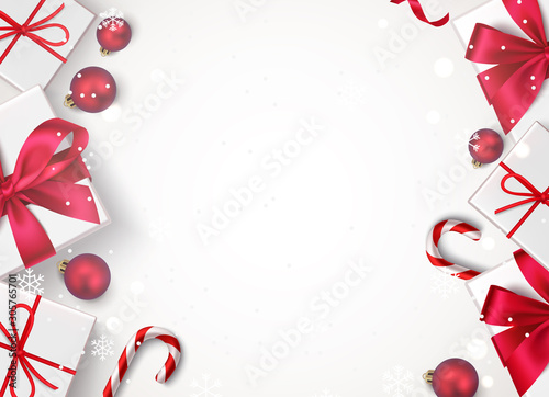  Christmas background with new year holiday decorations. Flat lay. Top view. Vector   illustration. 
