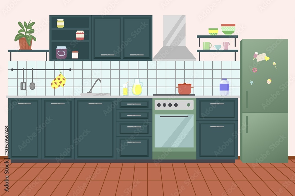 Flat style kitchen design with fridge, stove, drawers and shelves. 