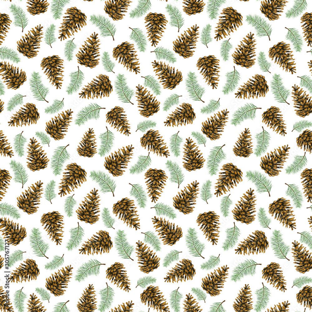 Fototapeta premium Pine cones and branches on a white background pattern.