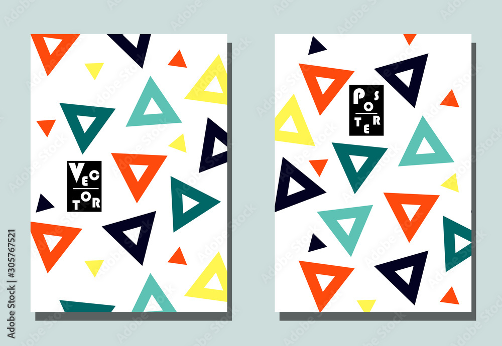 Trendy cover with graphic shapes - abstract triangles. Two modern vector flyers in avant-garde style. Geometric wallpaper for business brochure, cover design. Trendy cover with graphic shapes - abstract triangles. Two modern vector flyers in avant-garde style. Geometric wallpaper for business brochure, cover design.
