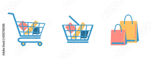 Set of shopping basket, cart, bags with goods flat icons isolated white background. Blue full shop box for website design development. Single simple market object. vector supermarket store elements