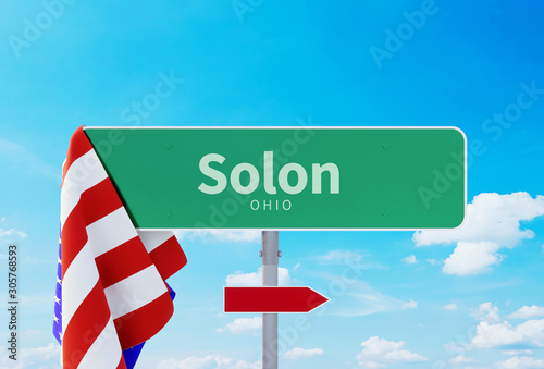 Solon – Ohio. Road or Town Sign. Flag of the united states. Blue Sky. Red arrow shows the direction in the city. 3d rendering © MQ-Illustrations