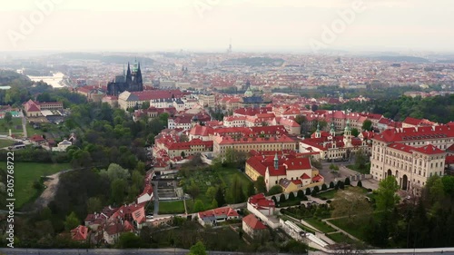 Wallpaper Mural Drone flying above old European town at daytime. View green parks on the bottom, lateral motion over buildings with red tiled roof and Prague castle at the skyline. High top panorama of Prague  Torontodigital.ca