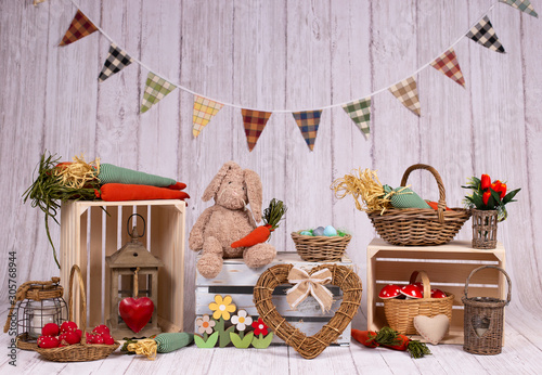 Photography For Easter holidays, colorful backdrops for photo studios, with elements like: eggs, bunnies rabbit, carrots, easter signs, big flowers, giant mushrooms, boxes