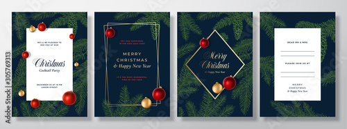 Christmas Abstract Vector Greeting Cards, Posters or Holiday Backgrounds Bundle. Gold and Blue Colors and Typography Set. Soft Shadows Realistic Toy Balls and Sketch Fir-needles with Strobile.