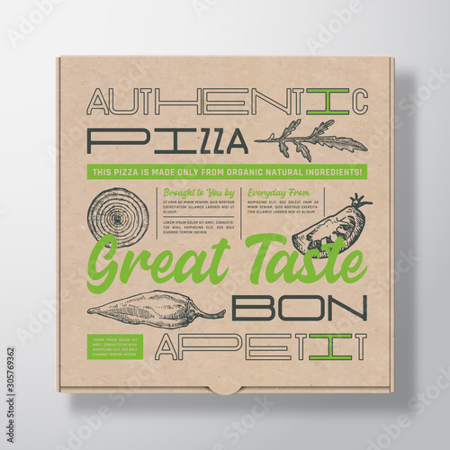 Pizza Realistic Cardboard Box Container. Abstract Vector Packaging Design or Label. Modern Typography, Hand Drawn Ingredients Cheese, Onion and Jalapeno. Craft Paper Background Layout.