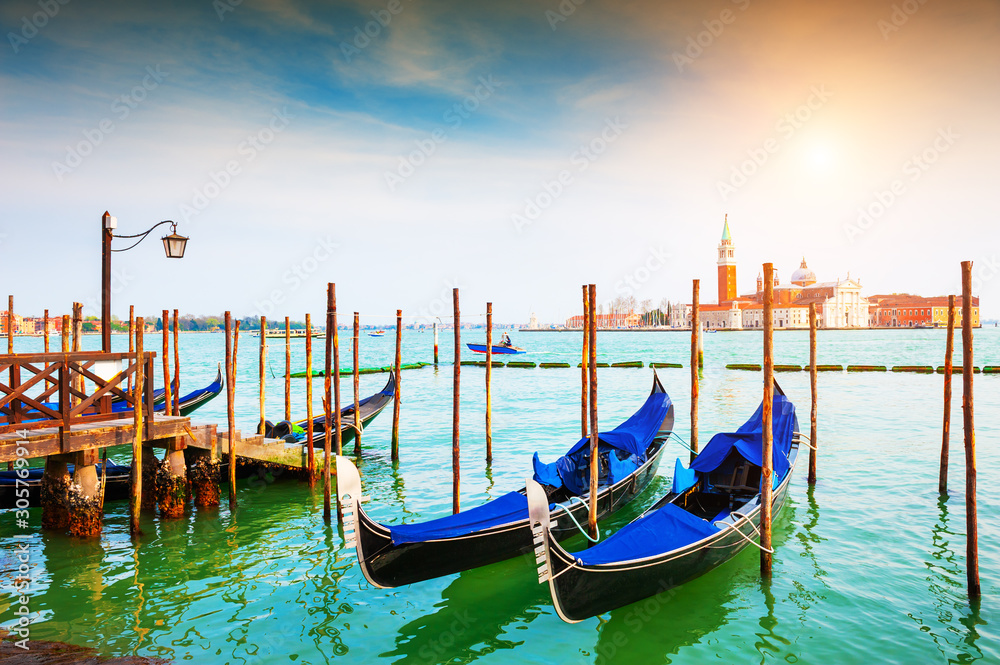 Gondolas on the Grand Canal near San Marco square in Venice, Italy. Famous travel destination