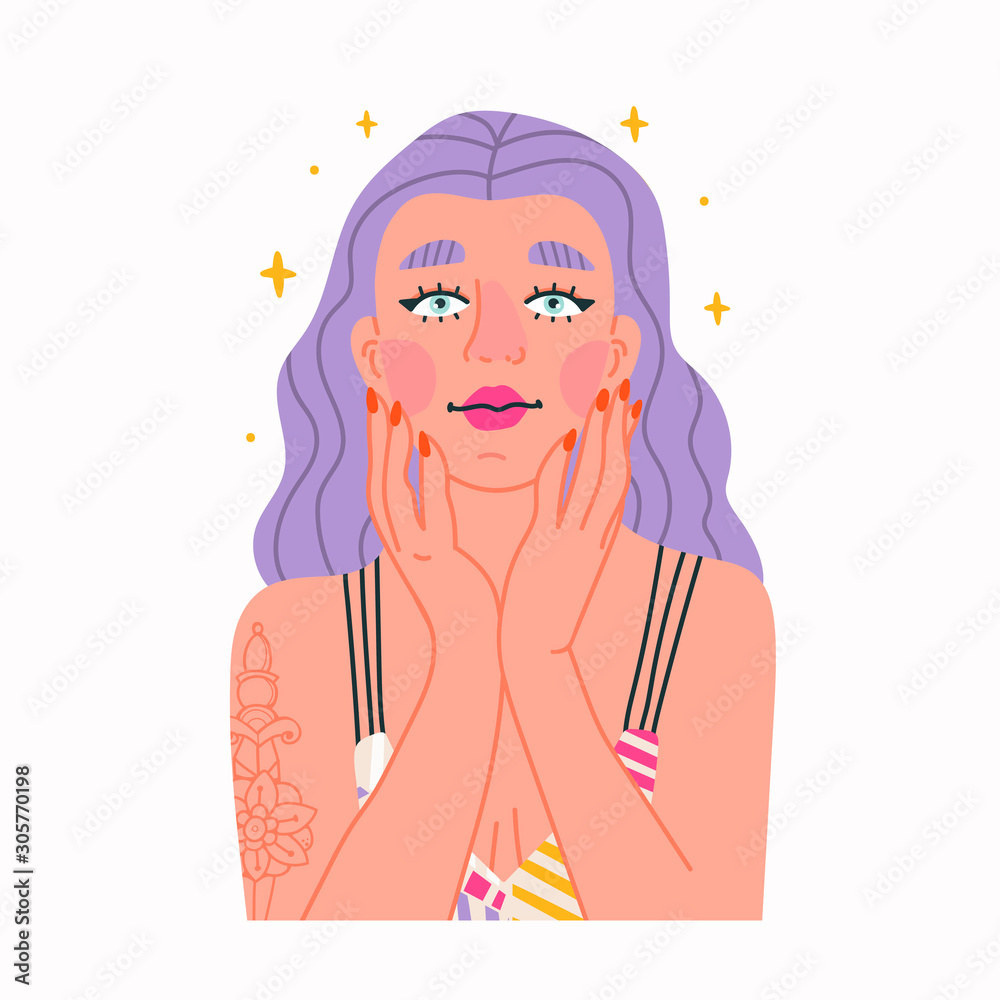 Skin care routine. Beautiful young lady with clear skin after the spa procedures. Face care concept. Cleansing, moisturizing, treating. Hand drawn vector illustration. Cartoon style. Flat design Skin care routine. Beautiful young lady with clear skin after the spa procedures. Face care concept. Cleansing, moisturizing, treating. Hand drawn vector illustration. Cartoon style. Flat design
