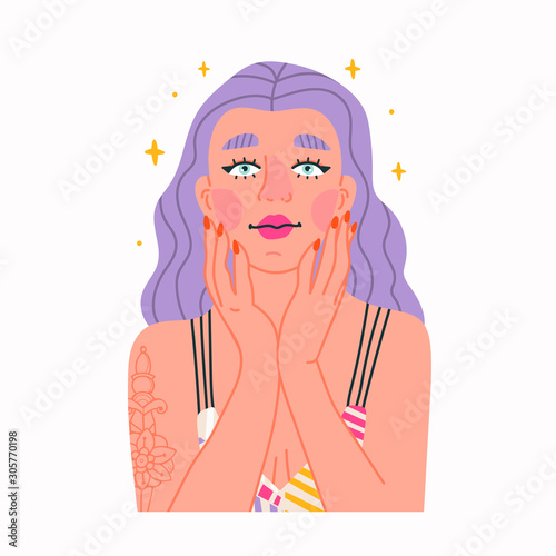 Skin care routine. Beautiful young lady with clear skin after the spa procedures. Face care concept. Cleansing, moisturizing, treating. Hand drawn vector illustration. Cartoon style. Flat design