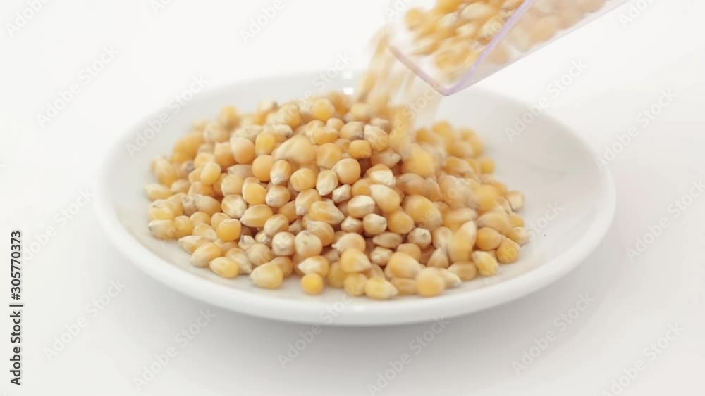 Corn grains spilling on a rotating plate on a white background Corn grains spilling on a rotating plate on a white background