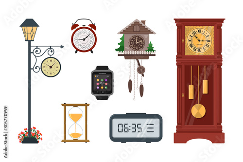 Clocks. Set of diversity clocks on white background