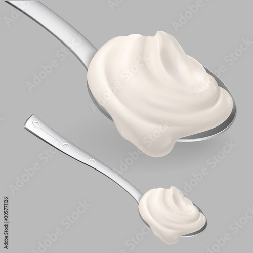 Spoon with Cream Concept of Teaspoon with Yoghurt or Sour Cream for Healthy Cooking or Baking and Confectionery. Realistic Style Trend Modern Foodie Logotype Graphic Simple Design Element on White