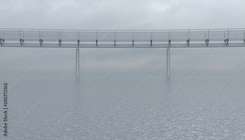 Metal foot bridge above the surface of the sea or ocean in cloudy overcast weather. Empty iron crosswalk on the calm water. Illustration with copy space. 3D rendering.