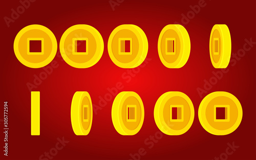 Square hole coin rotating animation sprite sheet on red background