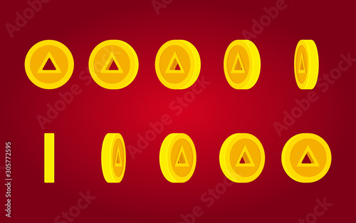 Triangular hole coin rotating animation sprite sheet on red background
