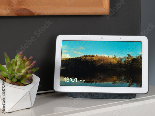 Home assistant speaker and screen on fireplace showing picture