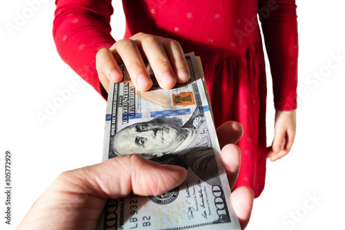 Person gives money to child. Kid take dollars from parent. Payment for child labor consept. Children business. Isolated on white background