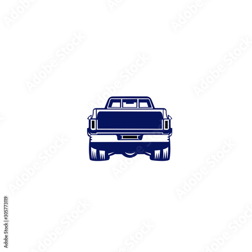 Rear view of a pick up truck,  emblem, badge or logo isolated on white background