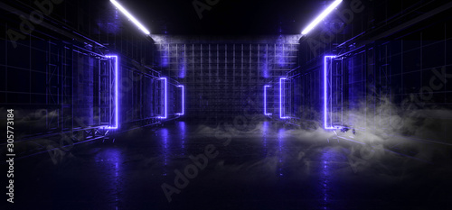 Smoke Mist Steam Rectangle Shaped Led Laser Neon Glowing Blue Violet Light In Industrial Steel Wire Mesh Fence Garage Room Reflective Empty Studio 3D Rendering