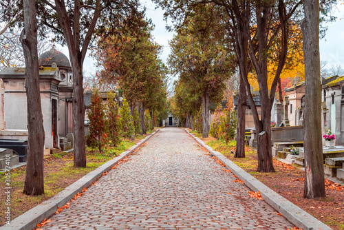 A view on autumn alley of the most famous cemetery of Paris Pere Lachaise, France. Tombs of various famous people. Golden autumn over eldest tombs.