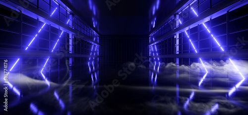 Neon Laser Stage Cyber Virtual Blue Glowing Beams On Metal Steel Wire Mesh Structure Fence Reflective Floor Dark Night Empty Background 3D Rendering