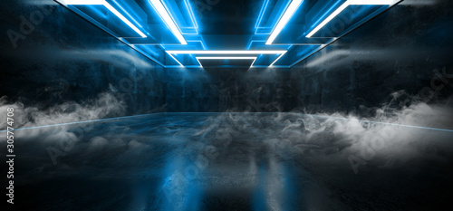 Smoke Fog Mist Laser Show Club Dark Neon Sci Fi Futuristic Retro Blue Glowing Ceiling Lights Concrete Grunge Garage Stage Tunnel Room Hall 3D Rendering photo