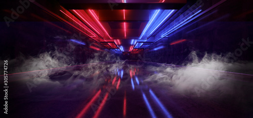 Fototapeta Naklejka Na Ścianę i Meble -  Smoke Fog Mist Laser Show Club Dark Neon Sci Fi Futuristic Retro Purple Blue Glowing Ceiling Lights Concrete Grunge Garage Stage Tunnel Room Hall 3D Rendering