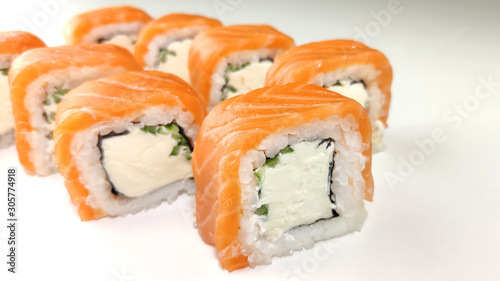 Philadelphia roll sushi with salmon. Sushi menu. Japanese food.