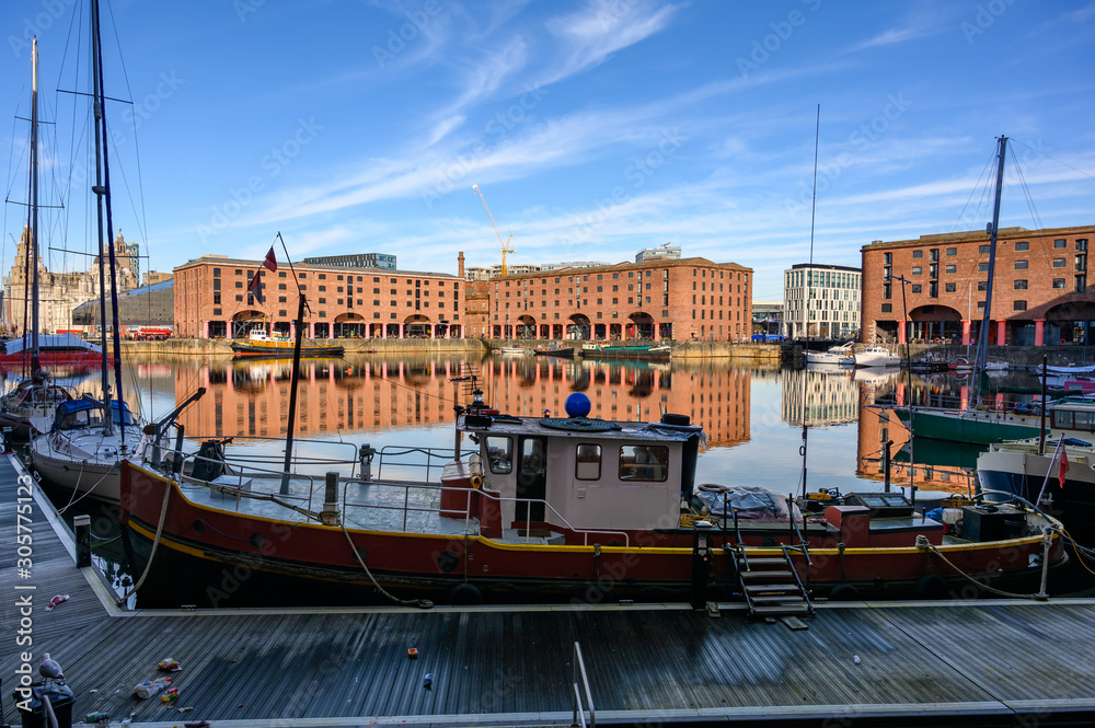 Wide shot across the Albert Dock in Liverpool