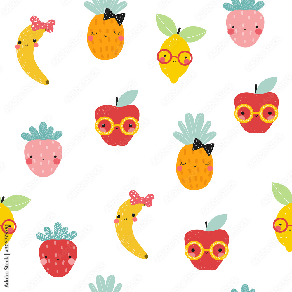Seamless pattern with funny fashion fruits. Childish cute print. Vector hand drawn illustration.