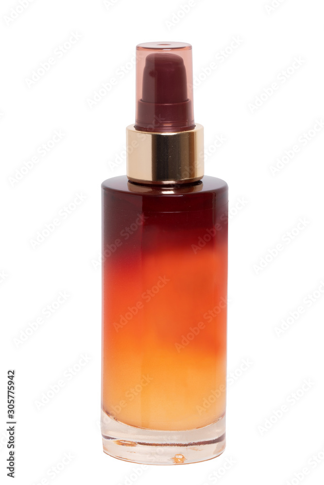 Cosmetic products isolated. Close-up of a elegant cosmetic cream bottle with a skin care product for face isolated on a white background. Macro.