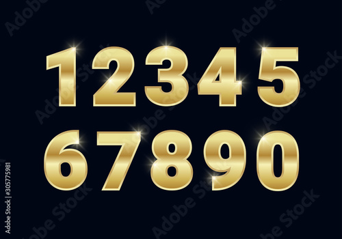 Golden shiny metal numbers set, gold font signs isolated on black background. Luxury fashion typography design for decoration, web, design, advert. Vector illustration