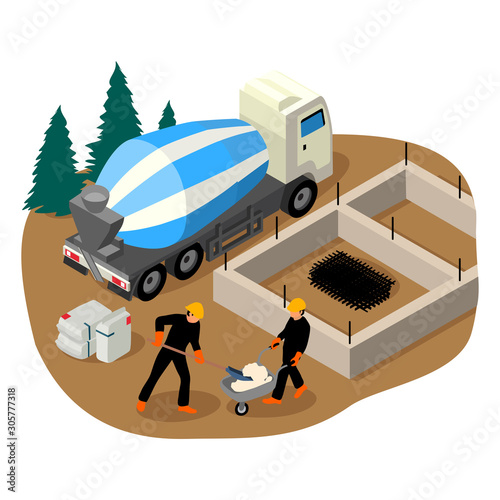 Vector isometric illustration of workers building foundation pad of a private house