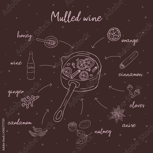 Mulled wine recipe in doodle style, hot drink in winter, poster for cafe, menu. Spice set, cardamom, cinnamon stick, nutmeg, anise star, honey, ginger, orange. Warming drink. Food illustration vector