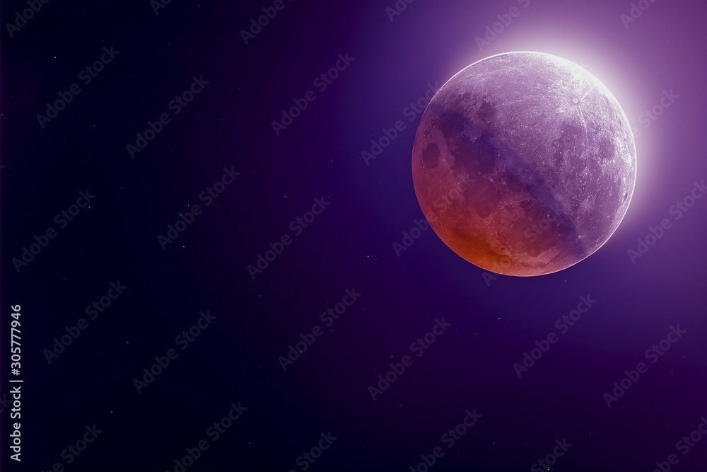 Red moon with light reflection. Elements of this image furnished by NASA