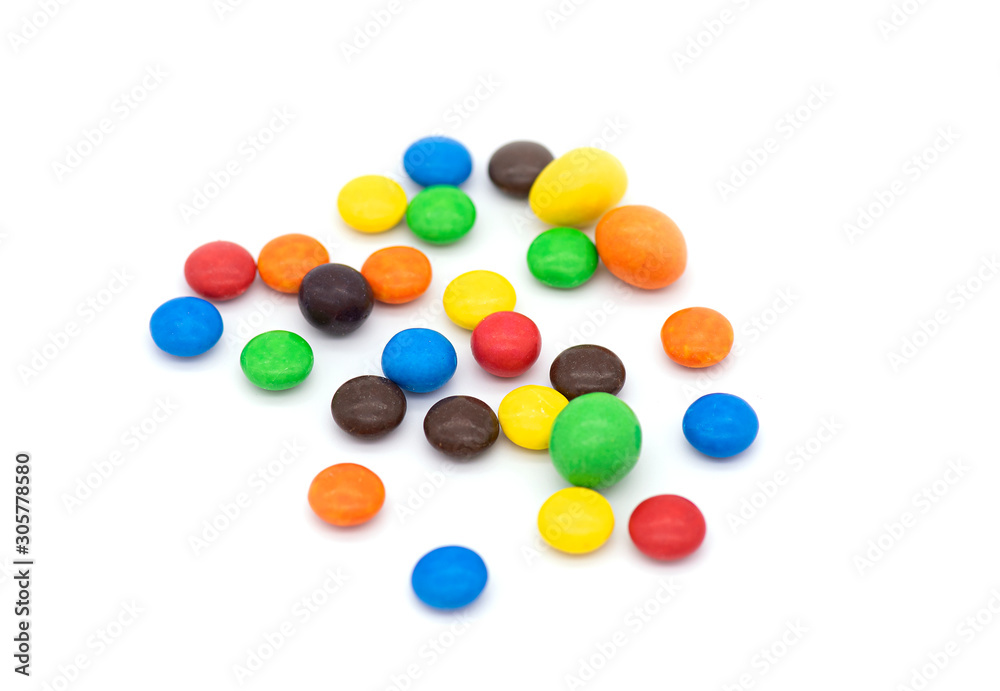 Colorful Candies isolated on white Background, chocolate coated Candies